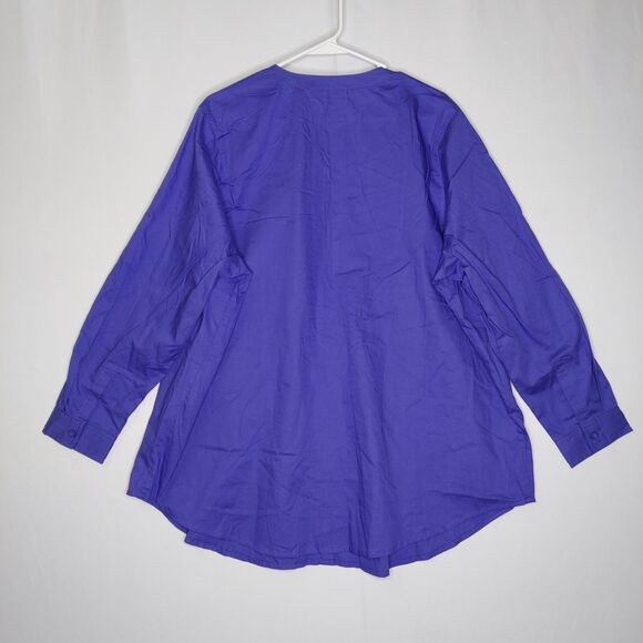 Woman Within Button Top 1X 22/24 Purple Cotton Pleated Long Sleeve V-Neck - Picture 2 of 7
